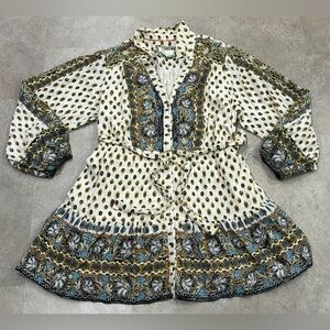 Anthropologie Patterned Midi Dress - Cream, Blue, Gold